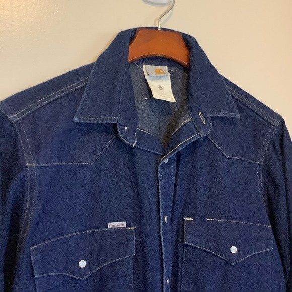 Vtg Carhartt Shirt Mens 15.5x34 Blue Denim Pearl Snap Western Cowboy USA Made - Picture 4 of 9